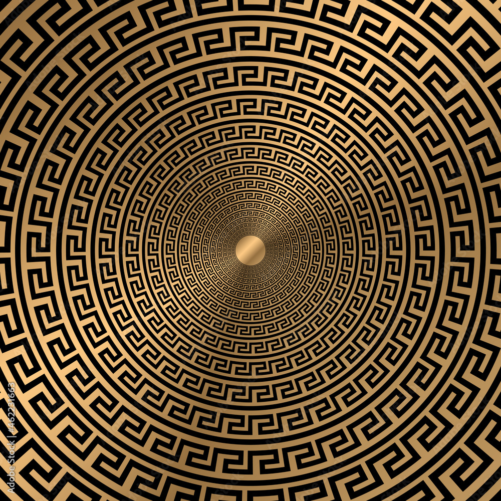 © shamanviiii - Abstract gold luxury Greek key round frame isolated on black background. Vector Circle border illustration