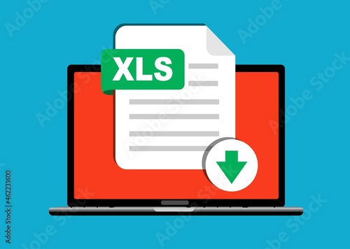 Download XLS button on laptop screen. Downloading document concept. File with XLS label and down arrow sign. Vector stock illustration.
