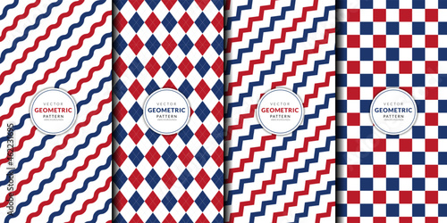 Abstract geometric pattern with red and blue combination set. Horizontal zigzag stripes, argyle, checkered, wave line, brochure cover template background