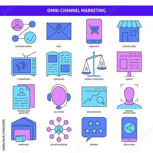 Omni channel icon collection in colored line style
