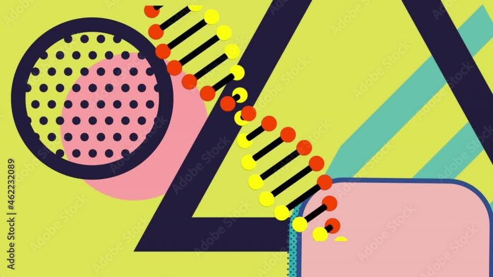 Animation of dna strand spinning over abstract shapes on yellow background Animation of dna strand spinning over abstract shapes on yellow background
