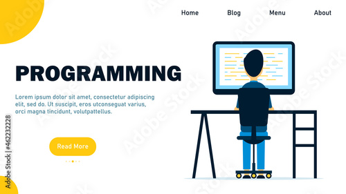 Programming. The developer is at the computer. Writing code. Web programming. Website development. Flat style. Vector illustration