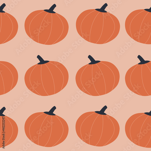 Abstract orange pumpkins hand drawn vector illustration. Seasonal vegetables harvest on a pink background. Colorful Halloween print. Autumn seamless pattern.
