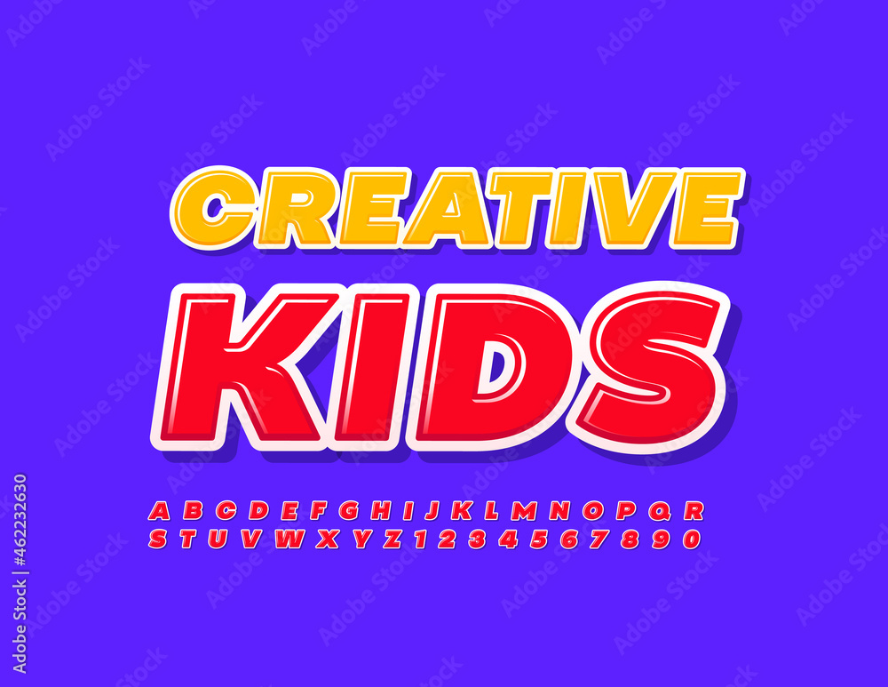 Fototapeta premium Vector colorful Sign Creative Kids. Red Glossy Font. Artistic bright Alphabet Letters and Numbers. 