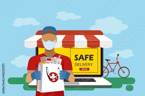 Safe Fast delivery. E-delivery Parcel using a laptop. Free delivery concept , laptop screen, courier in medical mask, boxes.  Parcel online ordering in flat vector. Free delivery.