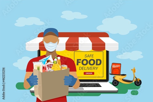 Safe Fast delivery. E-delivery Parcel using a laptop. Free delivery concept , laptop screen, courier in medical mask, boxes.  Parcel online ordering in flat vector. Free delivery.