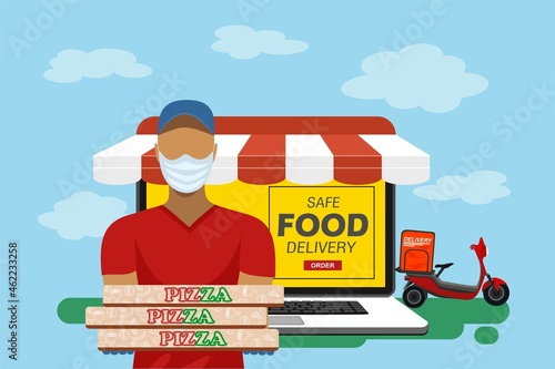 Safe Fast delivery. E-delivery Parcel using a laptop. Free delivery concept , laptop screen, courier in medical mask, boxes.  Parcel online ordering in flat vector. Free delivery.