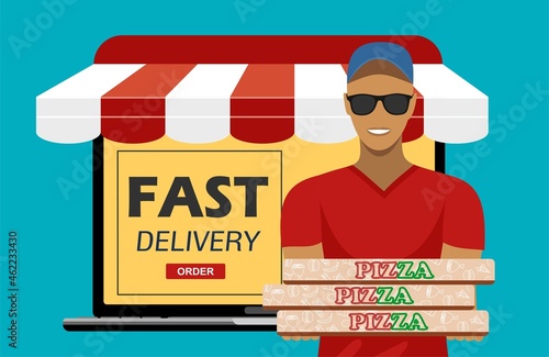 Fast delivery. E-buy pizza using a laptop. Free pizza delivery concept , laptop screen, courier, boxes. Pizza online ordering in flat vector. Free delivery, online buy