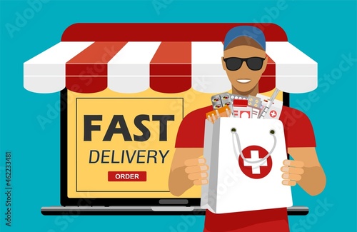 Fast delivery. E-buy Medicines using a laptop. Free Medicines delivery concept , laptop screen, courier, boxes.  Medicines online ordering in flat vector. Free delivery, online buy