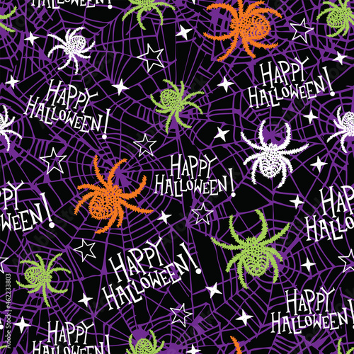 Seamless halloween pattern for girls or boys. Creative vector spooky black background with textured spider. Funny creepy pattern for textile and fabric. Repeat spider, happy halloween.