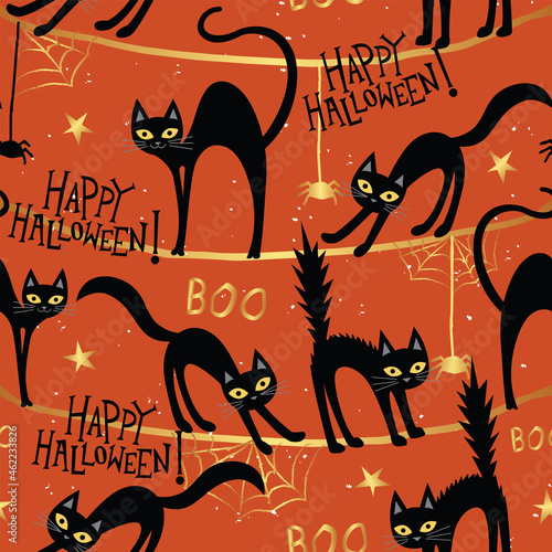 Halloween seamless pattern with black cat on orange background, Autumn pattern with spider, webs, boo, Happy Halloween text, wrapping paper, pattern fills, fall greetings, greeting cards