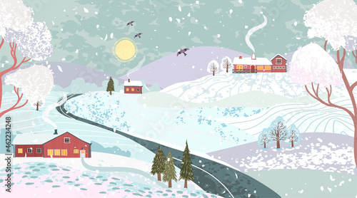 Vector vertical colorful textured illustration of nature winter landscape with a house in the Scandinavian style. Use it as background for poster, postcard, brochure, card, banner, graphic design