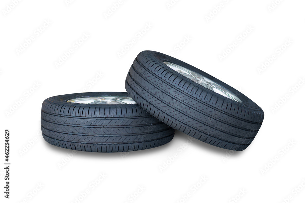 Front view of new tire is placed on white background. It is a new tire produced from an industrial plant. to send to the car service center. Front view of new tire is placed on white background. It is a new tire produced from an industrial plant. to send to the car service center.