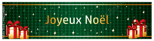 Joyeux Noël. Bannière de vœux verte et or. Illustration vectorielle en français.