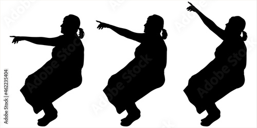 Black female silhouette isolated on white background. Three women sit one after another, side view. Passengers in transport. An older woman sits, shows with her hand, her hand rises higher and higher.