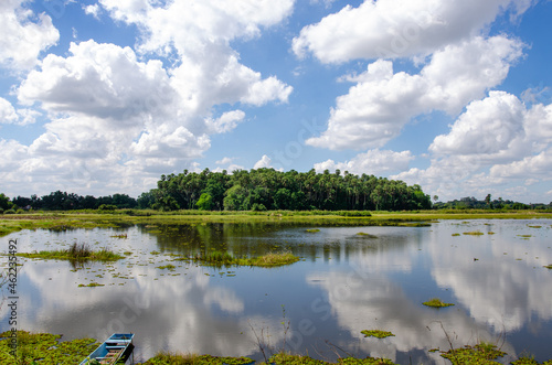 island with trees on a lake and a blue sky in the background.