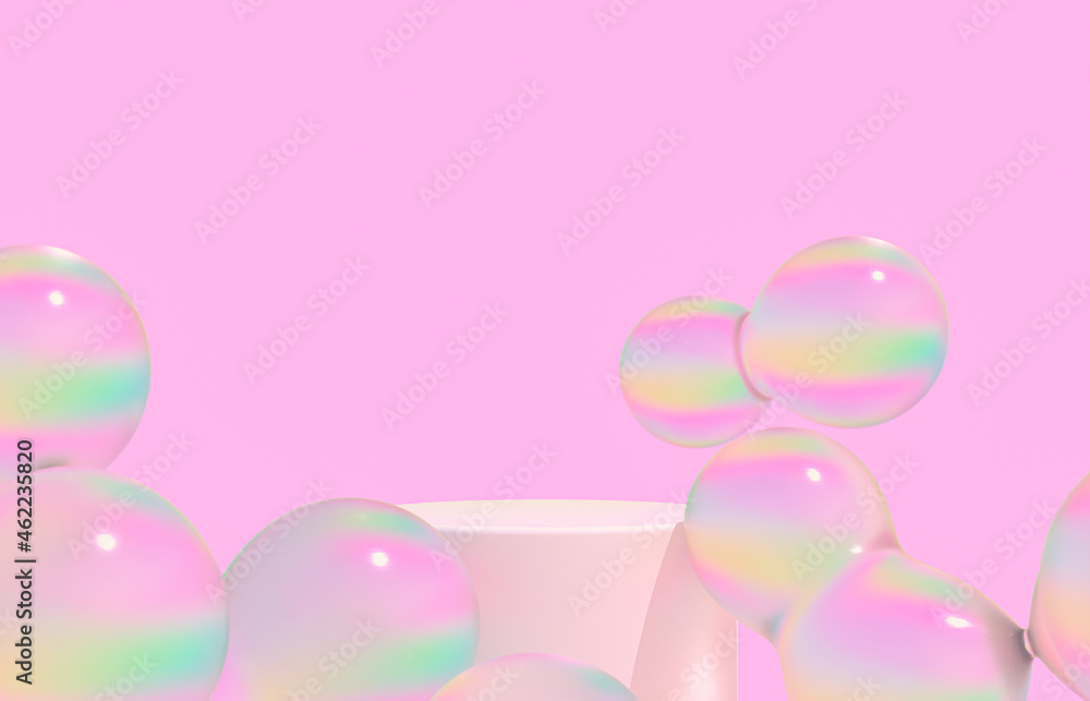 Fashion beauty backdrop with product stand and glossy water bubbles. 3d rendering. Fashion beauty backdrop with product stand and glossy water bubbles. 3d rendering.