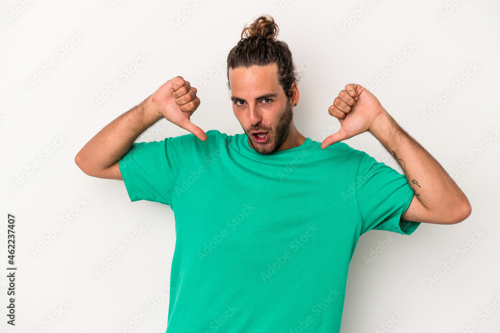 Young caucasian man isolated on white background feels proud and self confident, example to follow. Young caucasian man isolated on white background feels proud and self confident, example to follow.