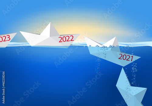 Carte de vœux 2022 montrant des bateaux en papier qui se succèdent à la queue leu leu, avant de couler à pic pour symboliser l’année qui s’achève et disparaît dans le passé.