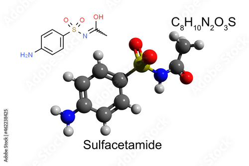 Chemical formula, structural formula and 3D ball-and-stick model of a bacteriostatic sulfacetamide, white background	 photo