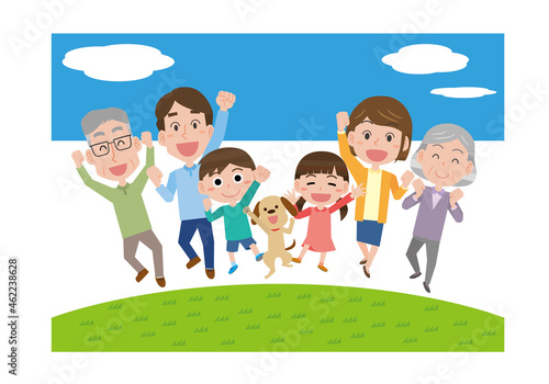 屋外で家族みんなでジャンプ