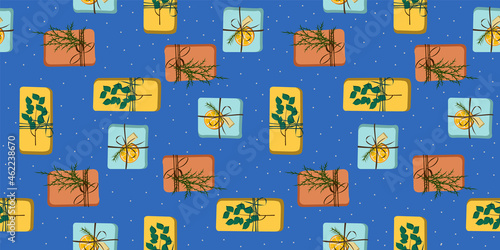 Pattern with gifts for wrapping paper and background. Raster illustration