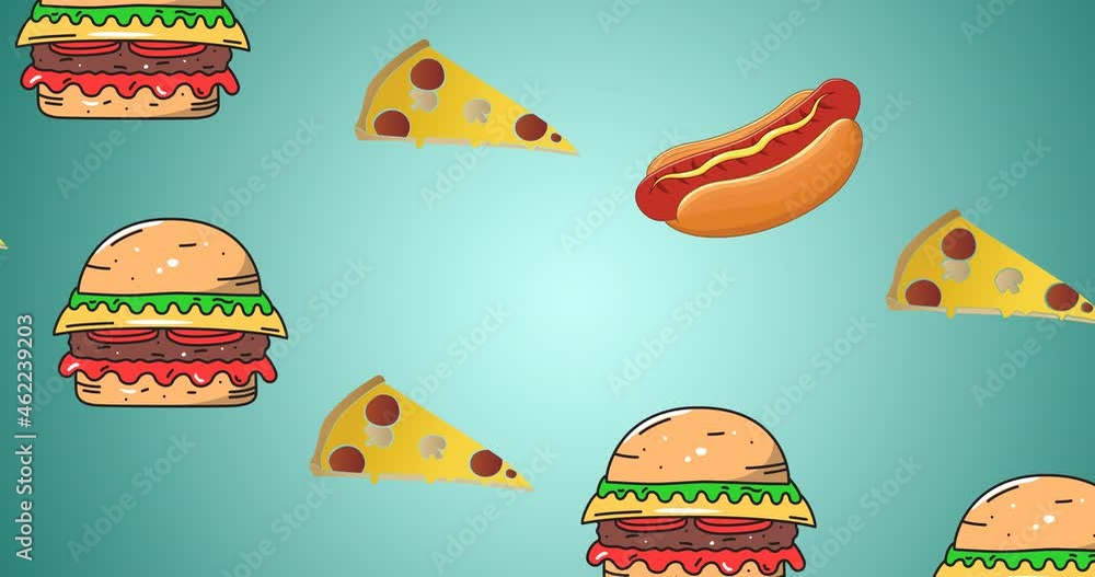 Animation of falling pizza,hamburgers and hot dogs over blue background Animation of falling pizza,hamburgers and hot dogs over blue background