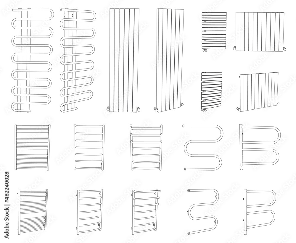 Vector set of towel rails, dryer rack radiators isolated on white Vector set of towel rails, dryer rack radiators isolated on white