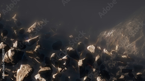 Asteroid rock Field in front of mega asteroid or dwarf planet With Abstract Light Rays