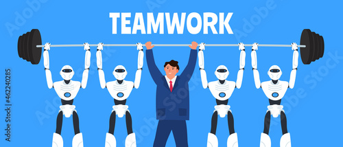 man and robots humanoid lifting a barbell together teamwork concept vector illustration
