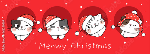 Draw happy cats on red for winter and christmas