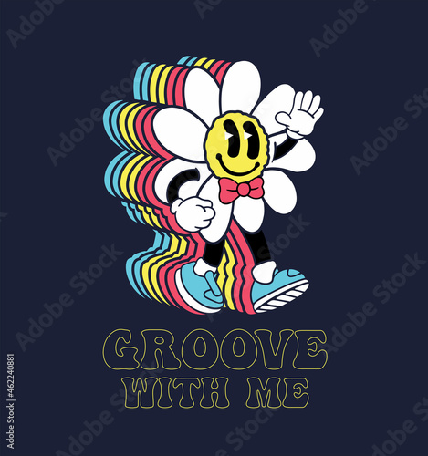 groovy flower character design in 60's style with slogan wording