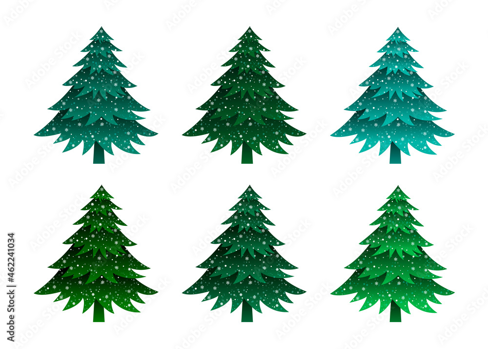 Christmas trees vector set. Cartoon Green and blue fir trees with snowflakes, isolated on white background.