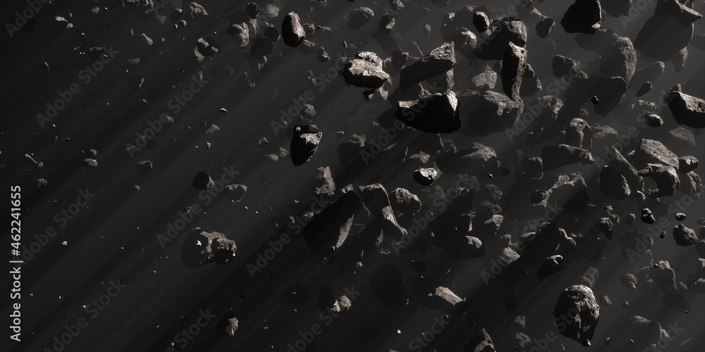 Asteroid field with volumetric light ray in deep space panoramic Stock ...