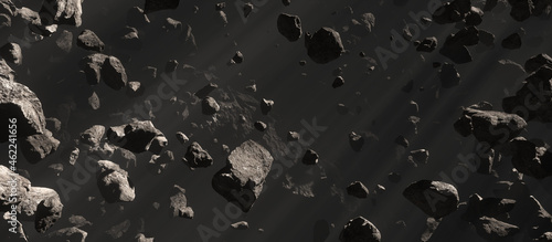Asteroid Field in front of mega asteroid hidden by the fog in Deep Space Panoramic