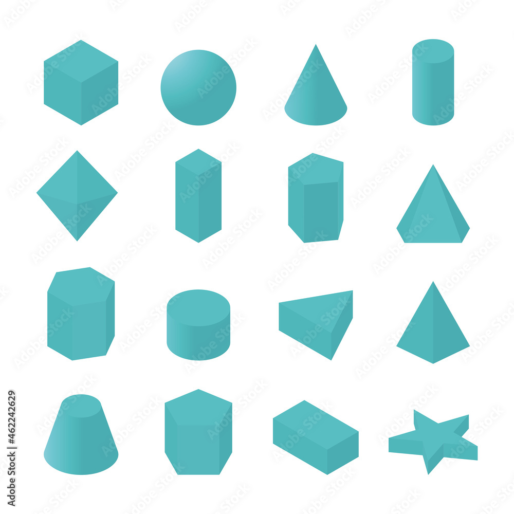 Basic blue isometric shapes set. Geometry 3D figures for education
