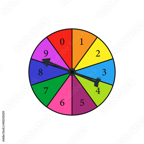 Colored probability spinner with numbers and arrow icon. Clipart image isolated on white background