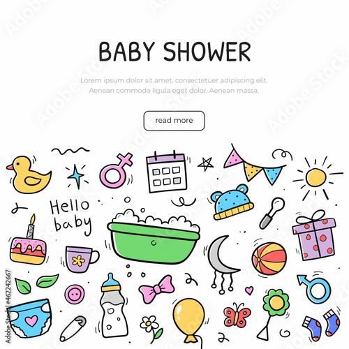 Hand drawn banner of baby elements. Background design template. Icons in linear hand drawn style. Vector illustration.