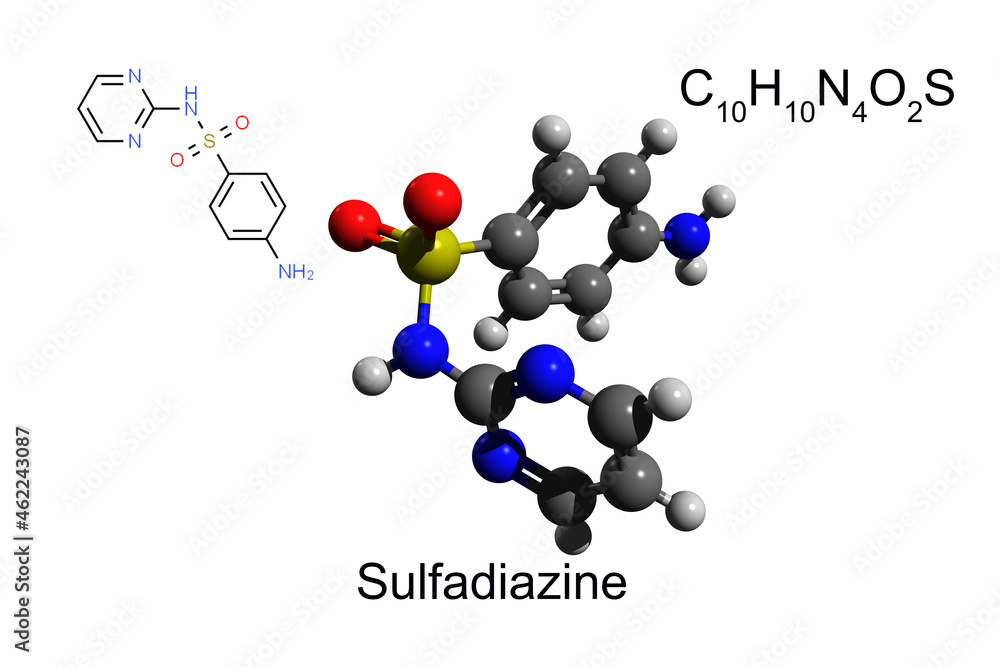 Chemical formula, structural formula and 3D ball-and-stick model of a sulfonamide antimicrobial sulfadiazine, white background