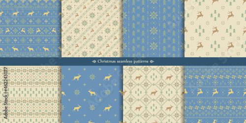 Vector classic christmas seamless patterns set with stylized reindeers, spruces and snowflakes. Collection of blue and light traditional ornate geometric winter backgrounds in scandinavian style