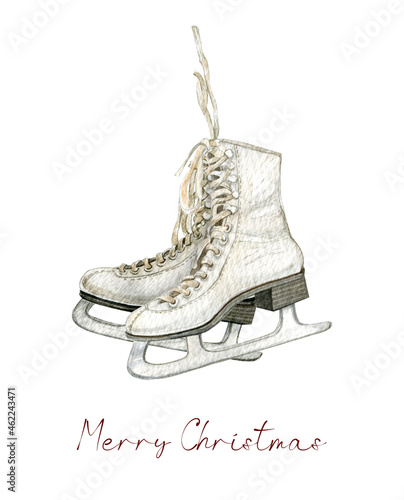 Obraz na plátně Vintage Christmas white ice skates,watercolor  sketes,winter Holiday essentials,