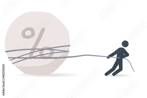 Stickman figure pulling big stone with percentage symbol. Clipart image isolated on white background