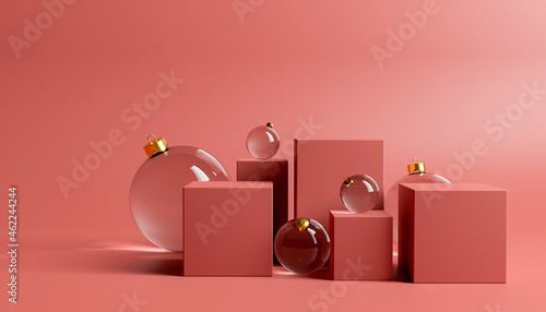 product stand with christmas balls around