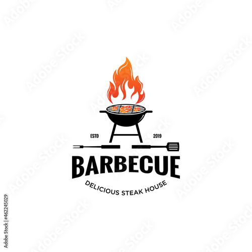 Vintage hipster Grill Barbeque invitation party barbecue bbq with crossed fork spatula and fire flame Logo design