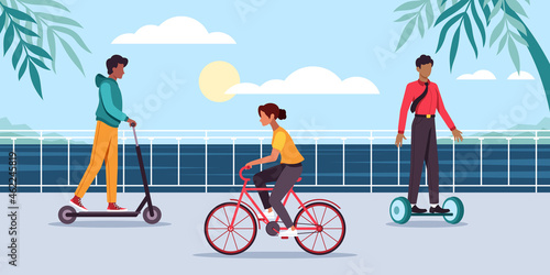 City eco transport flat vector illustration bicycle, hoverboard, pushscooter