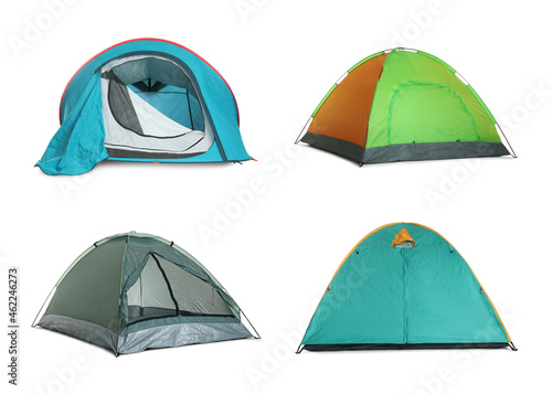 Set with different bright camping tents on white background