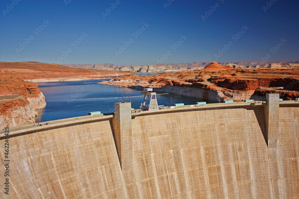 Powell lake with dam near town of Page, Utah, Us