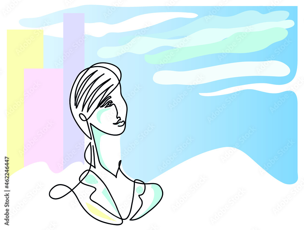 One line drawing of business woman looking up.
One continuous line drawing of business woman looking up in blue sky.