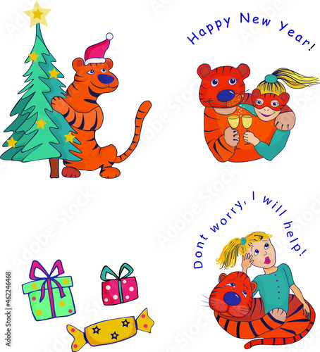 Set of vector images with a tiger and a girl with glasses of champagne  Christmas tree  gifts. Can be used as stickers  has text 