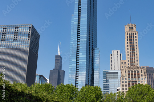 Old and Modern Downtown Chicago Skyscrapers with a Blue Sky 